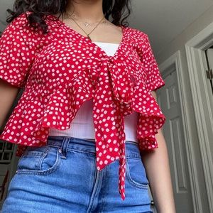 SHEIN red and white polkadot wrap top, never worn, size medium women’s.